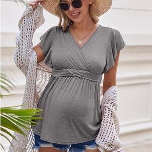 NWOT Women's Gray V-Neck Wrap Maternity/Nursing Top